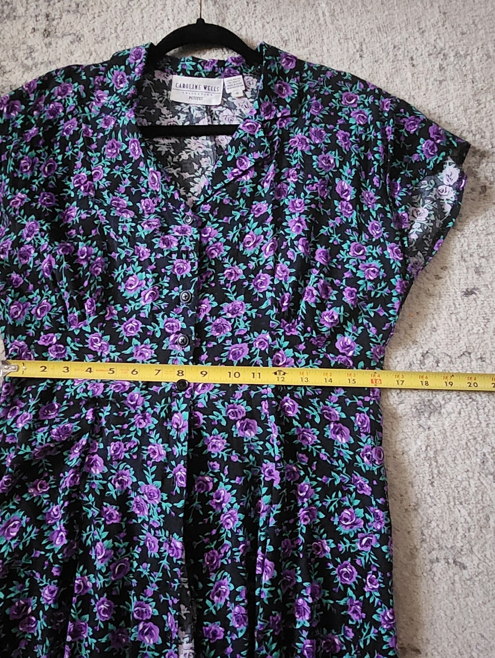 Vintage 90's Floral Button Front Midi Dress in Black with Purple & Teal Flowers - Picture 7 of 8
